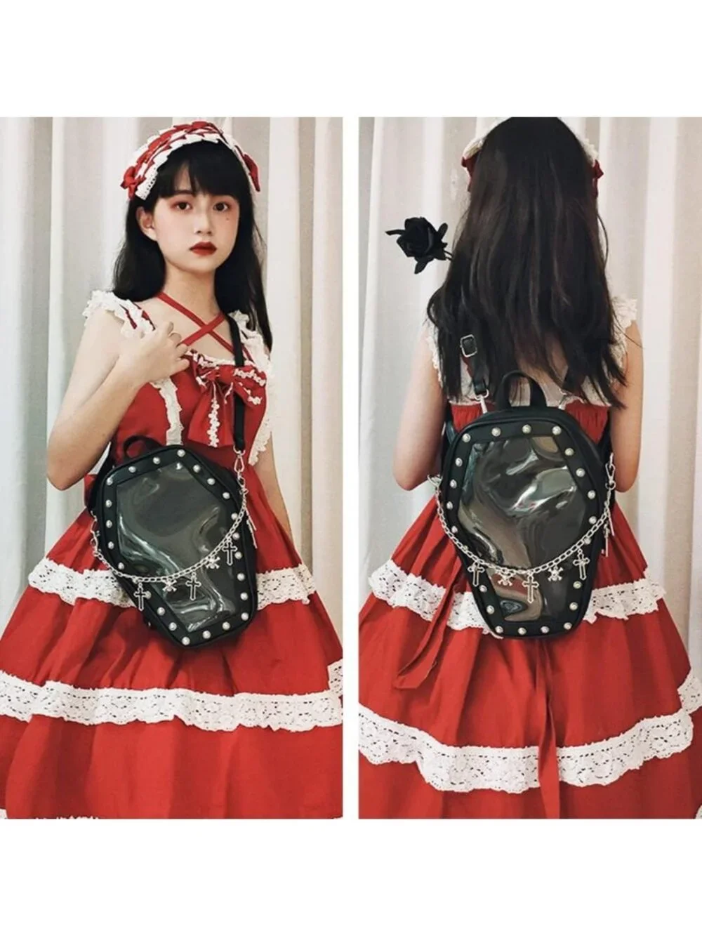 Women’s Black a Wing Gothic Coffin Purse Halloween PIN Imported Backpack Bag